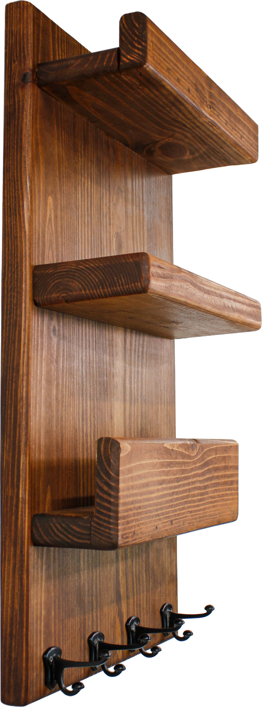 Four small metal double hooks in a row along the bottom of the wooden mail holder to hang keys or dog leashes on for convenient storage. After checking your mailbox you can leave your mail in the holder until you are ready to sort it. The two shelves conveniently hold sunglasses, home decor, holiday decor, welcome signs, pictures, postcards, small plants, or air fresheners to keep your entryway or mudroom neat, tidy and cheerful. You won't forget your things as you leave your home or office.