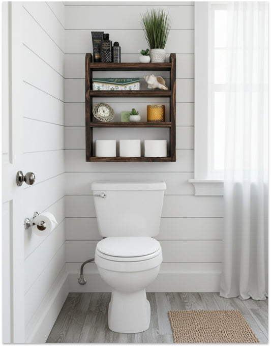 farmhouse bathroom above toilet shelves to hold toilet paper and toiletries