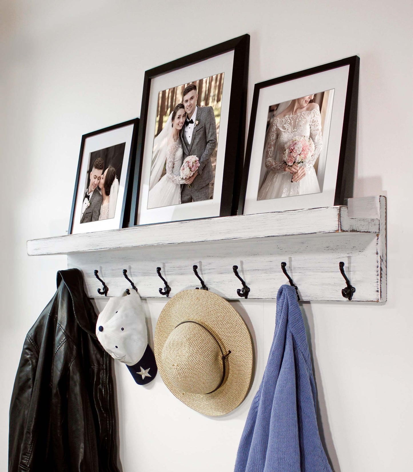 Coat Rack Hook Shelf with Picture Ledge Wall Mounted Rustic Shabby Chic Farmhouse Decor Entryway Hooks Wood Hanging Storage