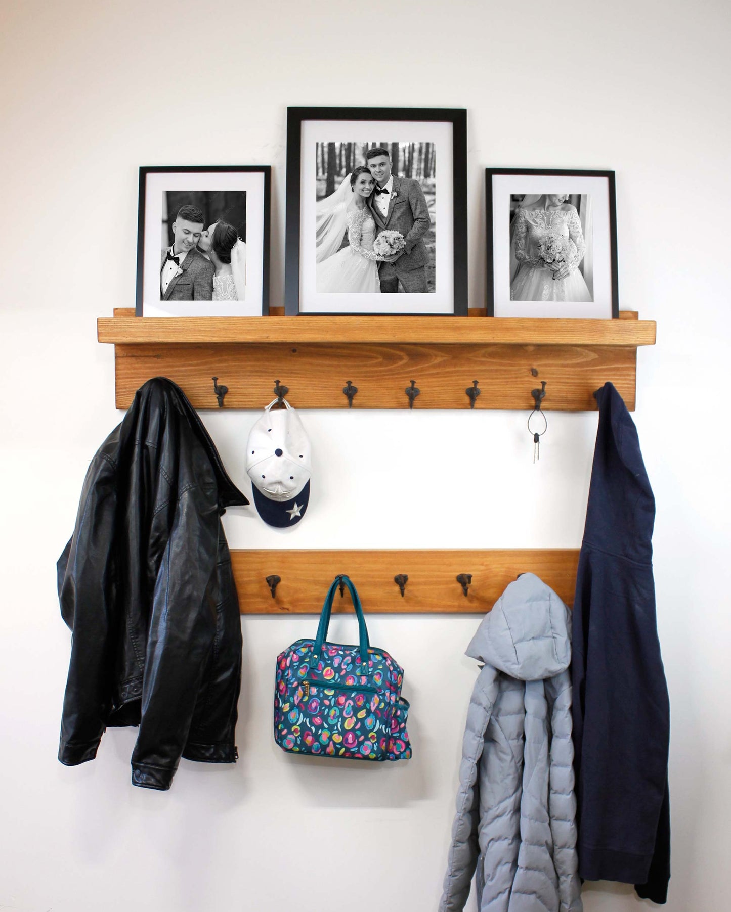 Coat Rack Hook Shelf with Picture Ledge Wall Mounted Farmhouse Entryway Nailhead Hooks Wood Hanging Storage for Entryway