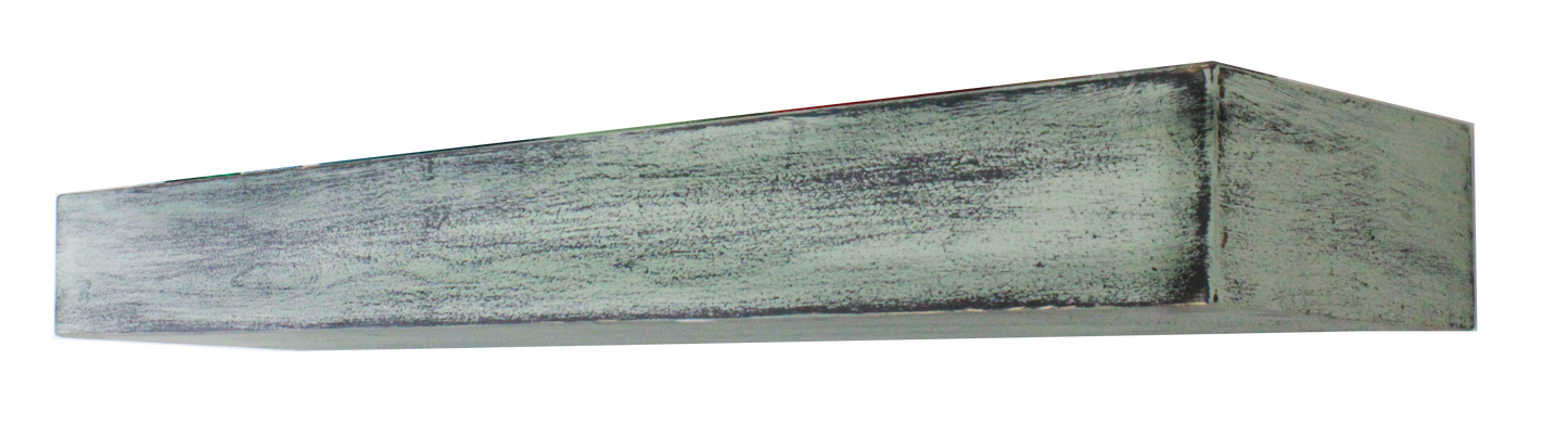 Rectangular wooden shelf with a weathered finish on a white background