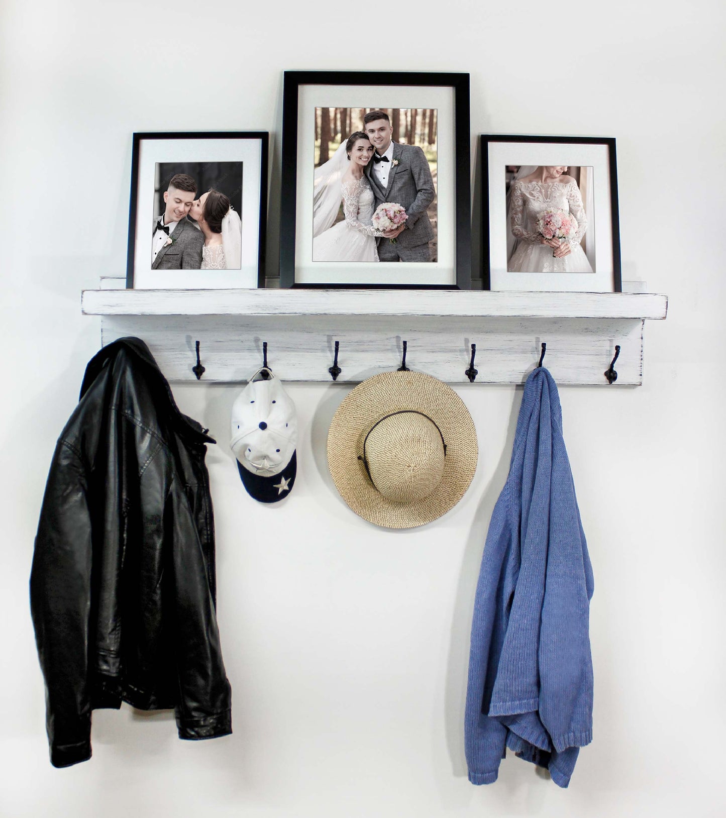 Coat Rack Hook Shelf with Picture Ledge Wall Mounted Rustic Shabby Chic Farmhouse Decor Entryway Hooks Wood Hanging Storage