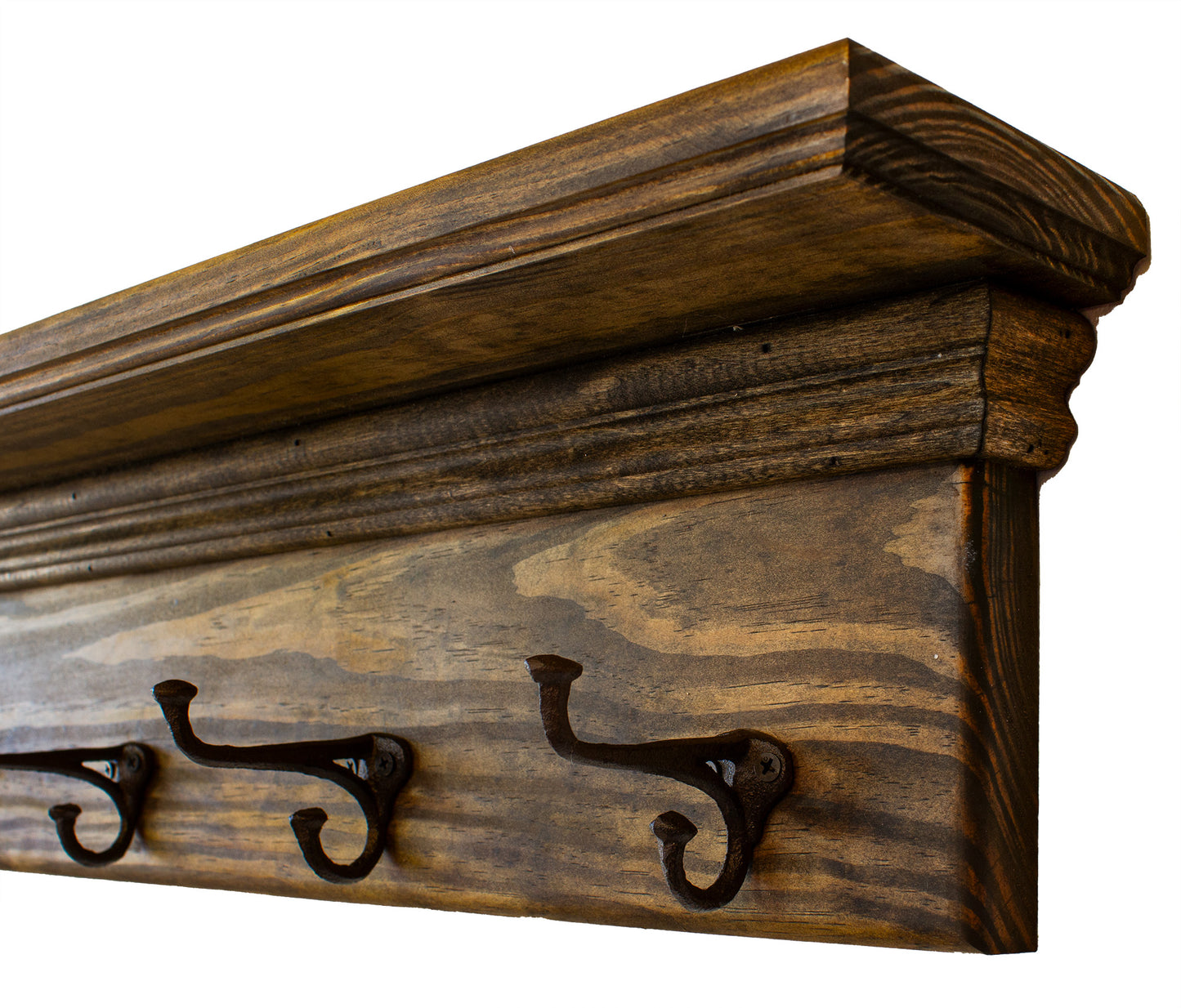 Closeup of top shelf and end of the wood coat rack with nail head hooks in rustic wood stained finish Western Decor for an entryway, doorway, mudroom, laundry room or bathroom towel and robe hanger makes a great gift for him - father, brother or son