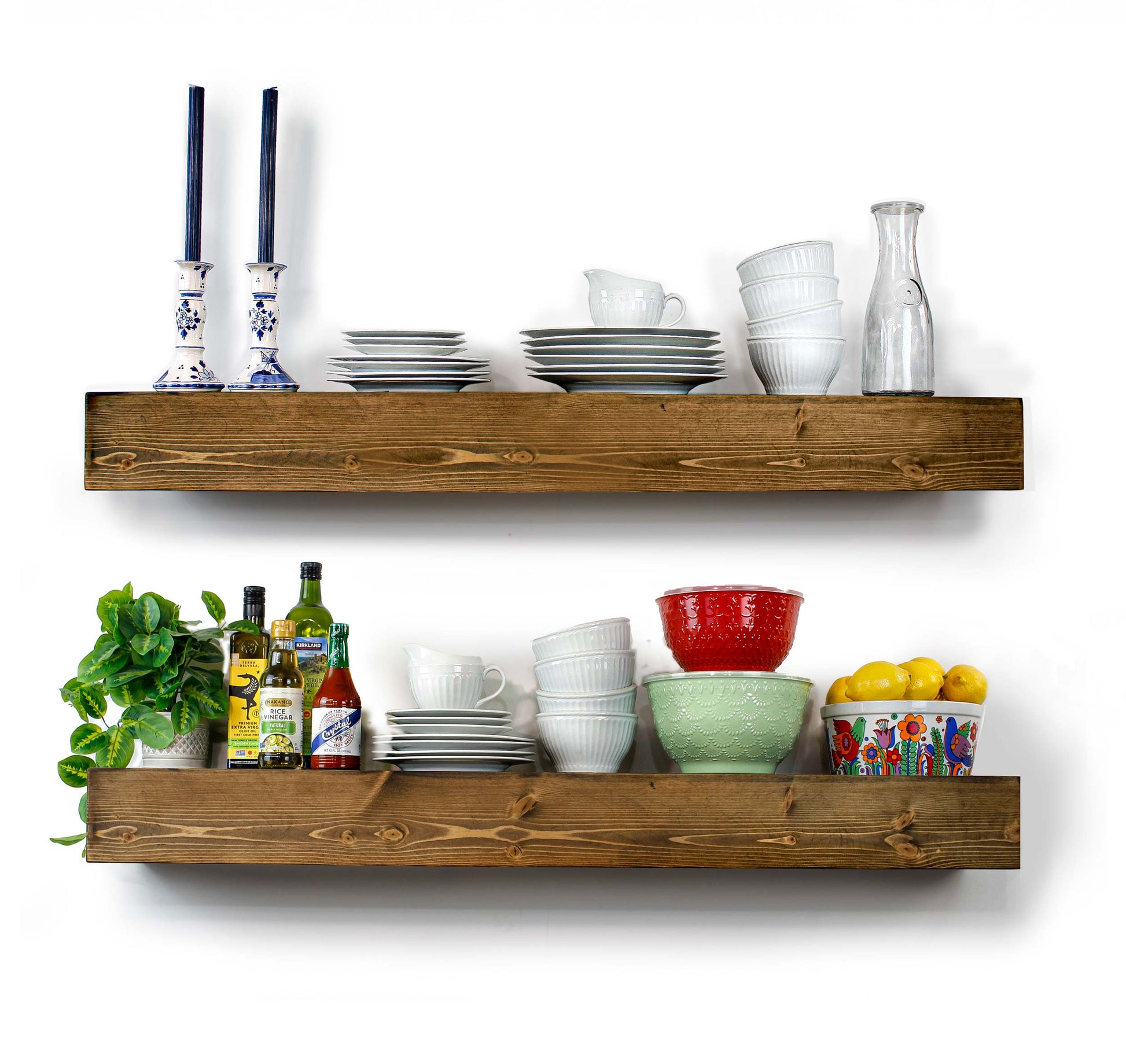 heavy duty thick timber beam shelves for modern farmhouse kitchen, dining room, living room, entertainment center, laundry room, craftroom, or even a man cave. The large wooden shelves are not heavy because they are hallow inside instead of being a solid slab piece of wood it is a box built to look look like a timber beam for that old world timbers interior design. Very attractive to display dishes, china, antiques, books, family heirlooms, sports memorabilia, collections, statues, or artwork