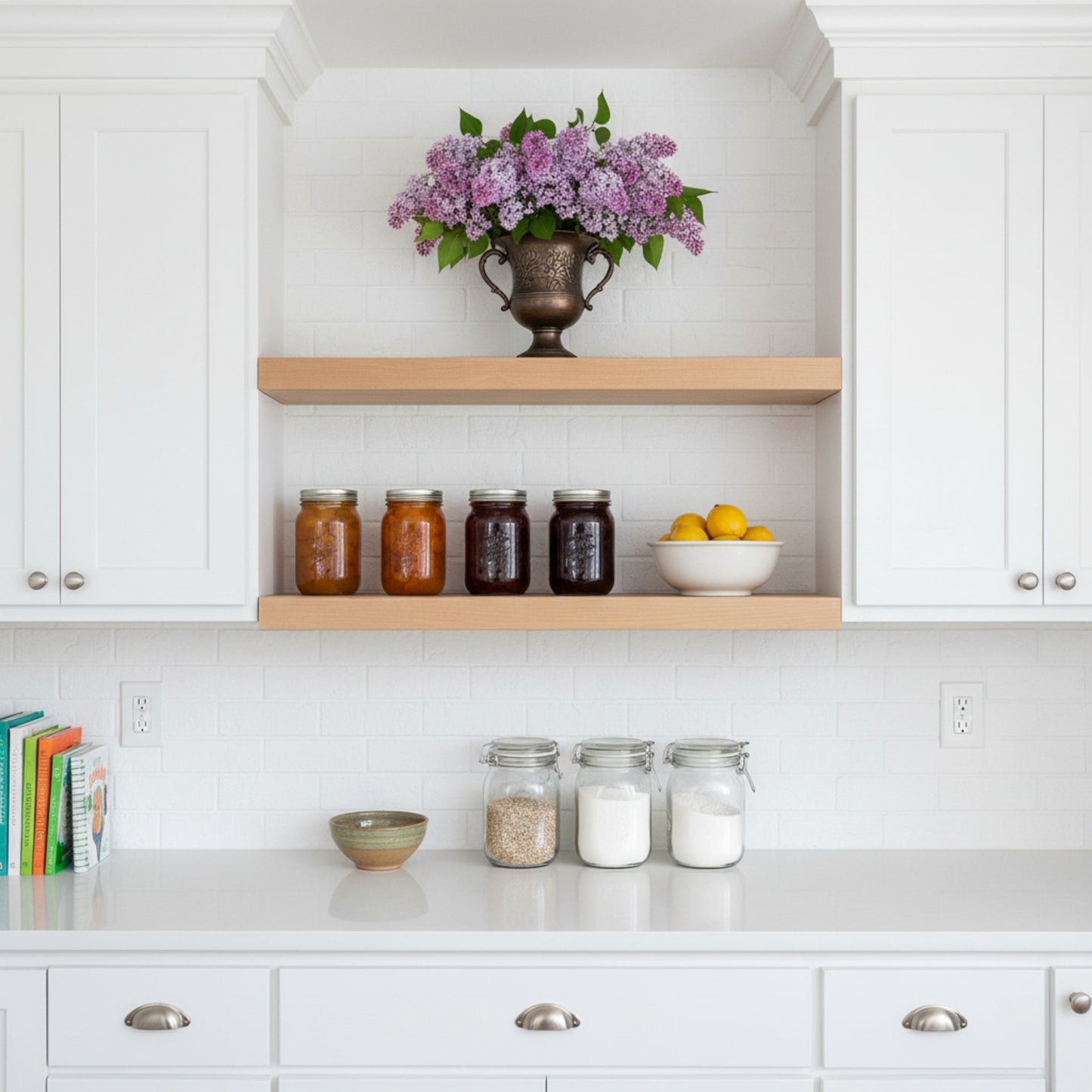 sugar pine shelves in a kitchen between the cabinets above the counter top cooking work space keeps the area more neat because of the extra storage space and display makes a kitchen look very elegant with the natural wood finish in sugar pine solid wood shelves