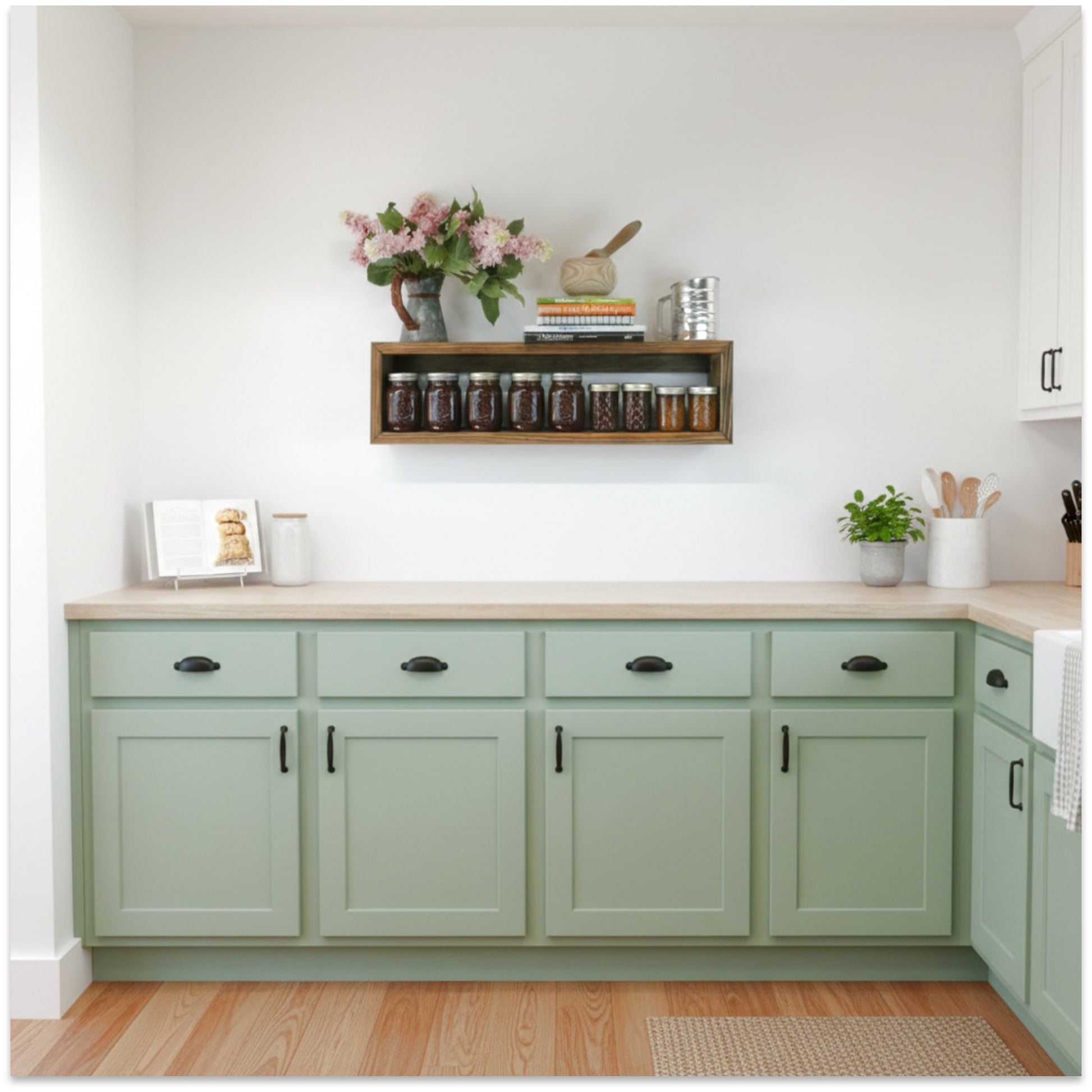 a farmhouse kitchen with a rectangular floating cabinet to hold canned goods or spices at a cooking work station for convenience attractive storage to keep the countertop neat and organized easier to keep the kitchen tidy looking with the little extra storage, makes a great housewarming gift for a new home or newlyweds