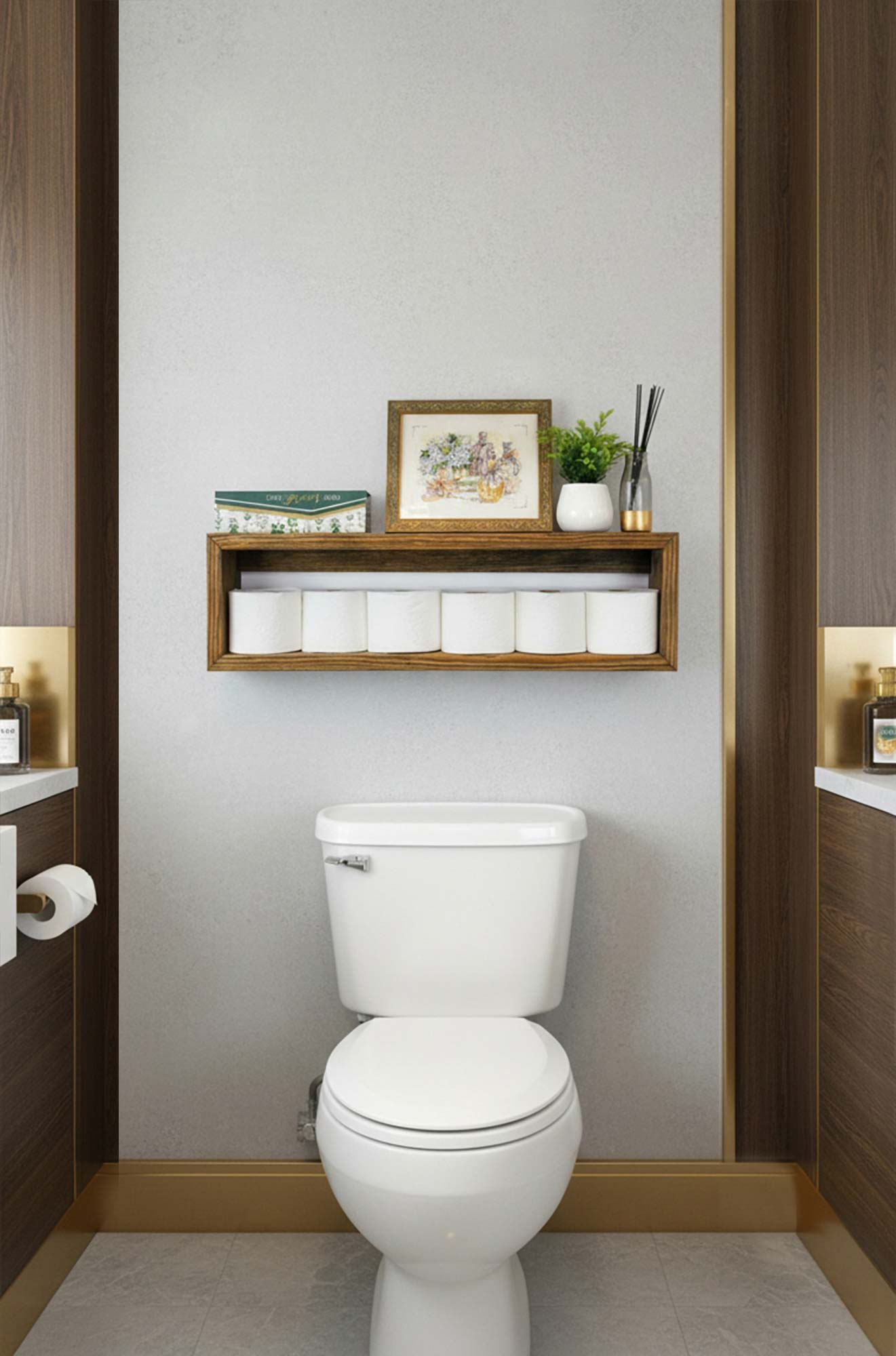 bathroom above toilet toilet paper storage wooden cabinet to organize your bathroom toiletries which looks nice for guest and keeps the area neat and the toilet paper convenient, the wall mount wooden floating shelf is rectangular shape to hold large rolls of toilet paper up to triple size in a nice neat row, the top shelf is perfect to hold feminine products, incense, a plant, and some artwork