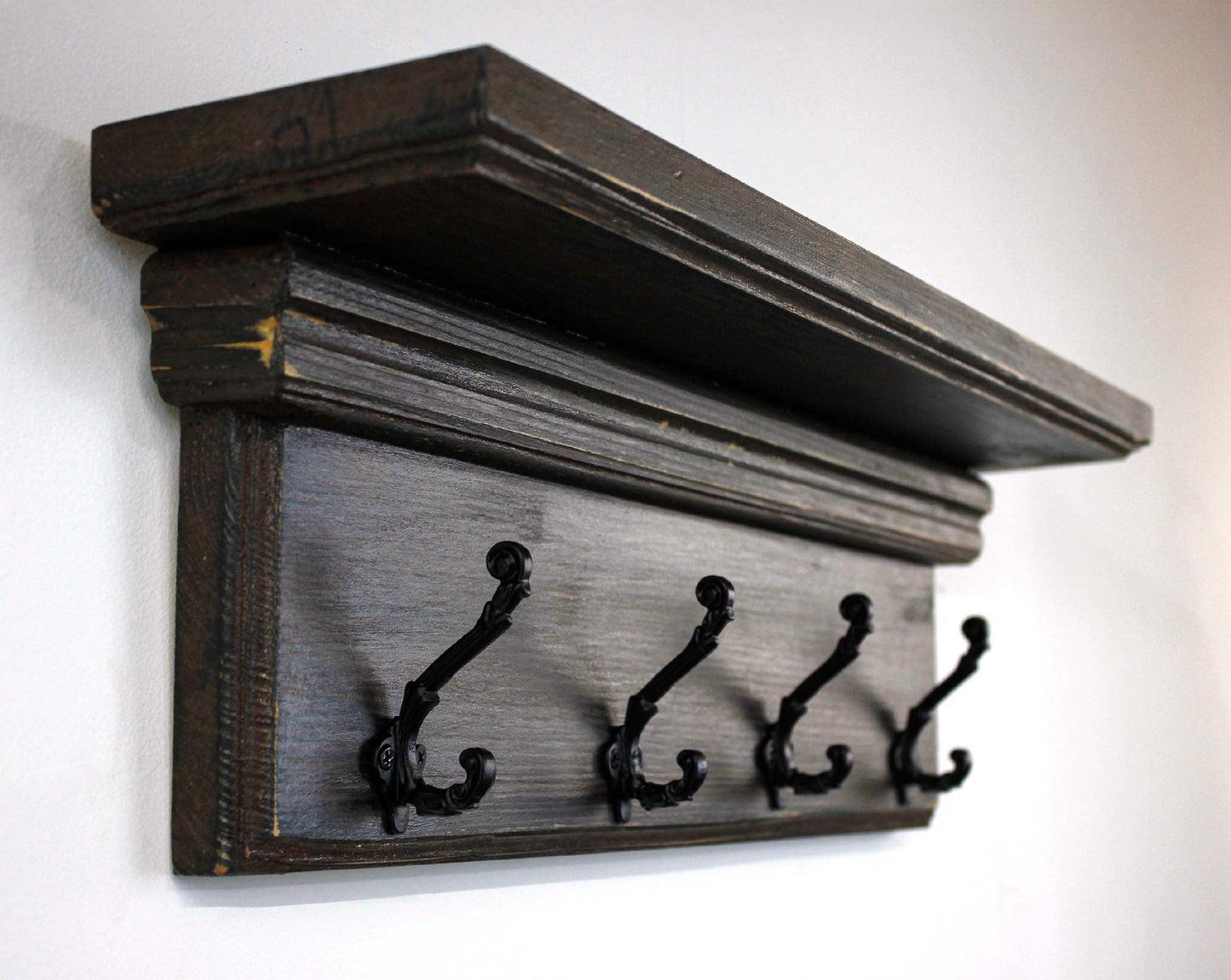 Coat Rack Hooks with Shelf Wall Mount Entryway Organizer Distressed Farmhouse Vintage Decor Hand made in USA Hand Weathered Wood Finish