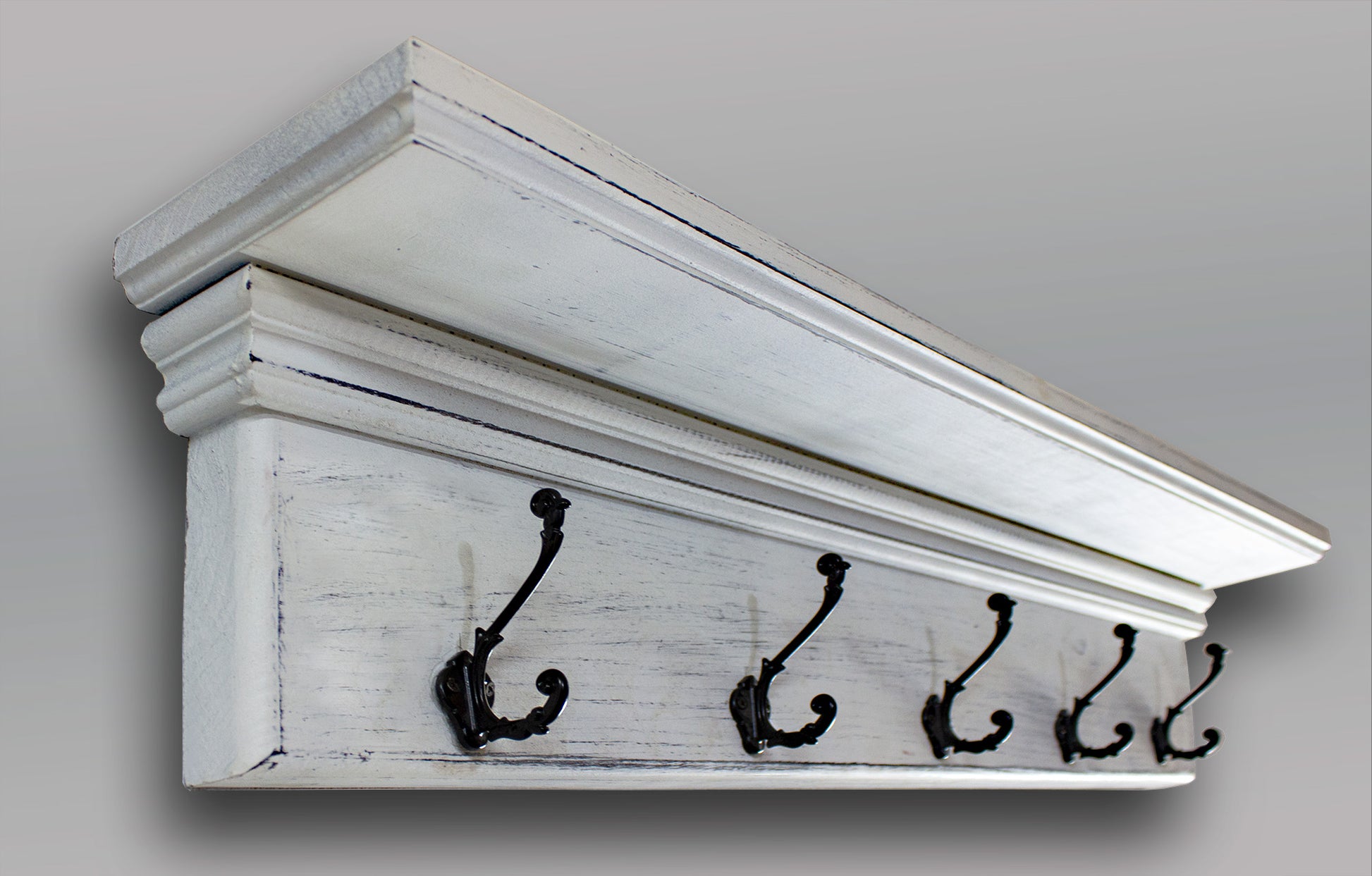 shabby chic wall mount coat rack in white over black distressed paint order a sample to see the color in person and match the space it will occupy in your home or office, or for perfect match special gift for family member or friend