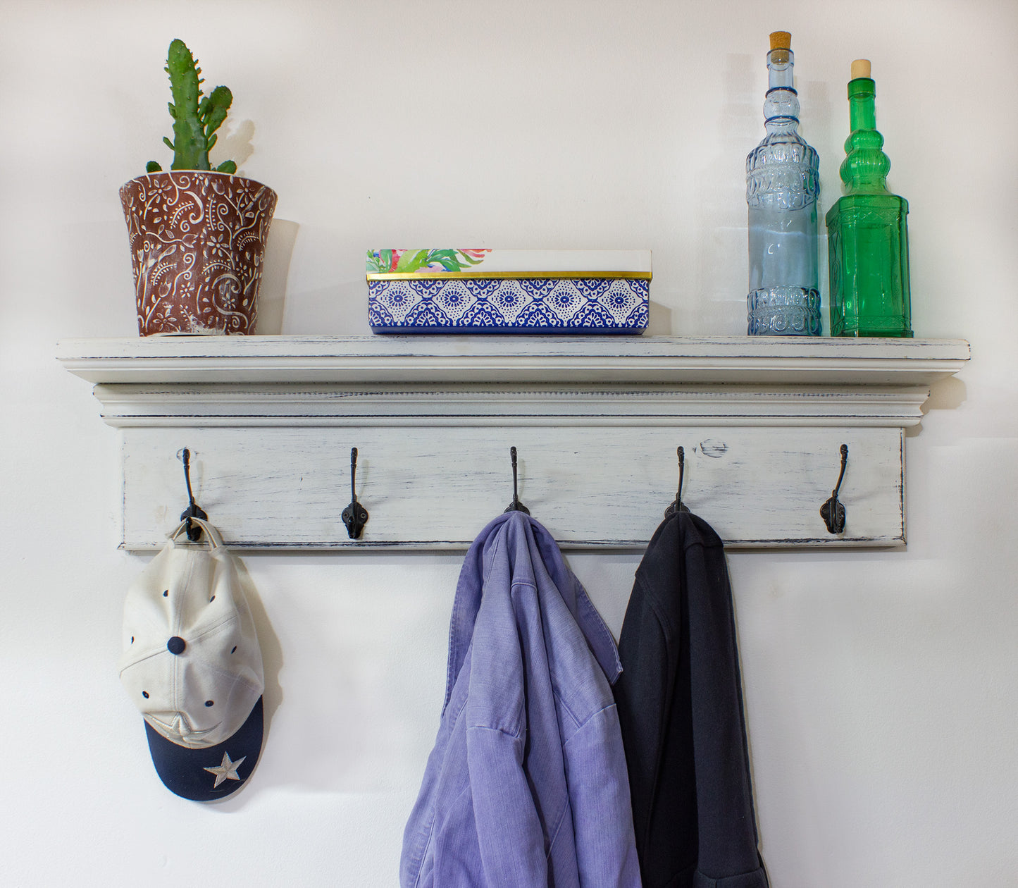 Coat Rack Hooks with Shelf Wall Mount Entryway Organizer Distressed Farmhouse Vintage Decor Hand made in USA Hand Weathered Wood Finish