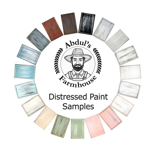 Farmhouse Country cottage decor distressed paint samples - sage green, pink, ivory, beige, white, pale gray, dove gray, slate blue, harbor blue, seafarer blue, maroon, and brown over white, black or barewood. Samples to match your home or office