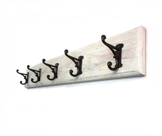 handmade in USA wall mounted Wooden coat rack with five black large hooks cast iron double scroll cottage style hangers