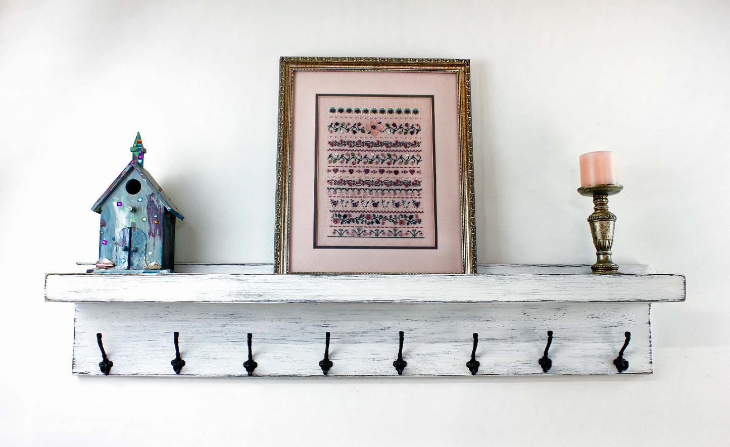 Rustic Wood Coat Rack with Shelf Farmhouse Entryway Organizer Hooks with Picture Ledge Wall Mounted Shabby Chic Hanging Storage Made in USA