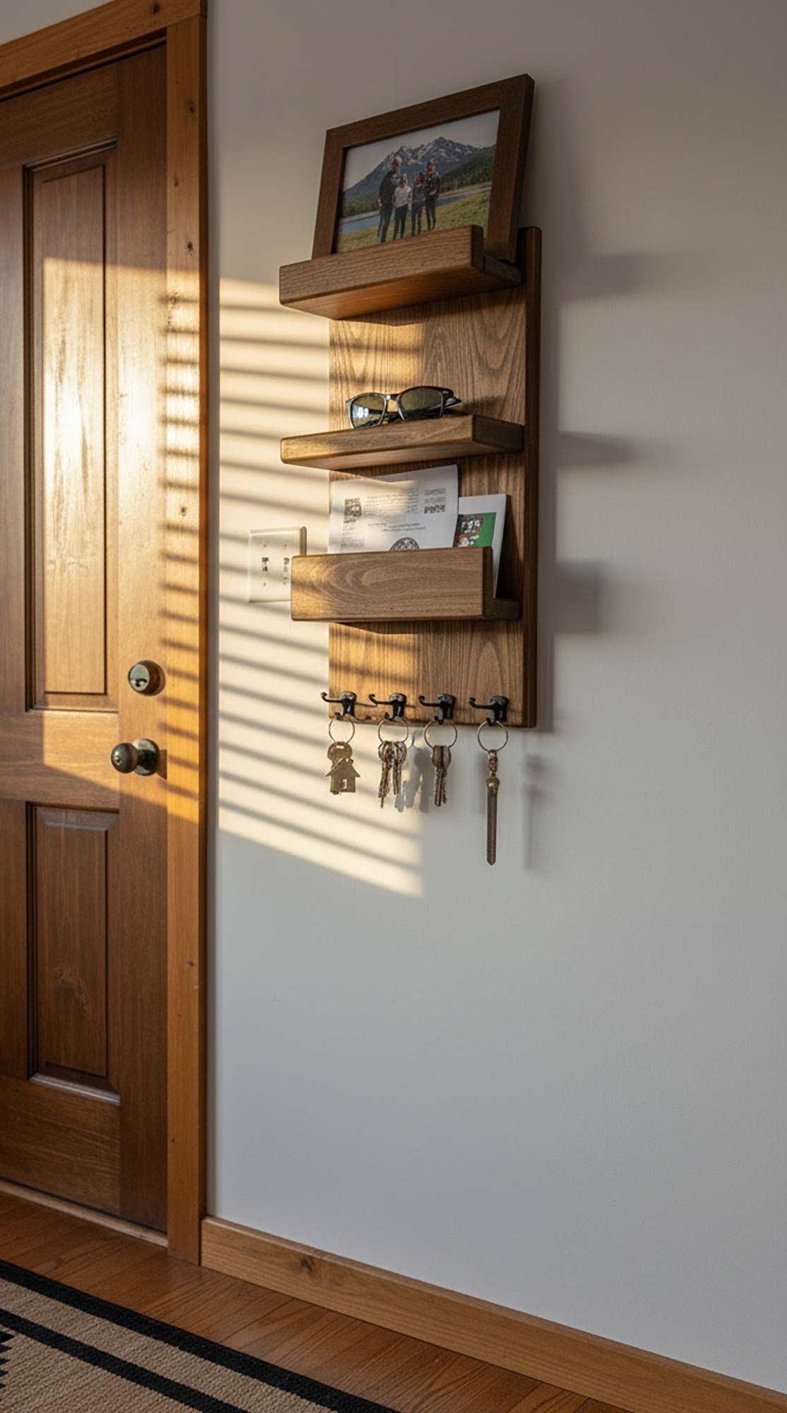 front door entry wall mounted mail organizer and key hanger hooks to keep the area neat and tidy out of the way storage by the door