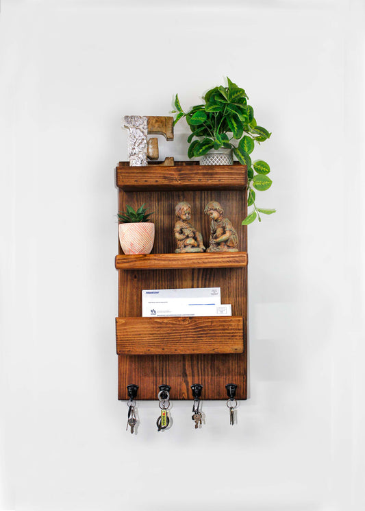 entryway front door wall mounted mail organizer and key chain holder hooks with 2 shelves to warming greet family, friends and guest when they enter your home or business. Keep up with your daily necessities by hanging them by the door so you can conveniently grab them on the go as you leave your house. The rustic country farmhouse solid wood handmade style to match a cabin, ranch or barnhouse decor or warm coffee house vibes. Makes a great housewarming gift or wedding present.
