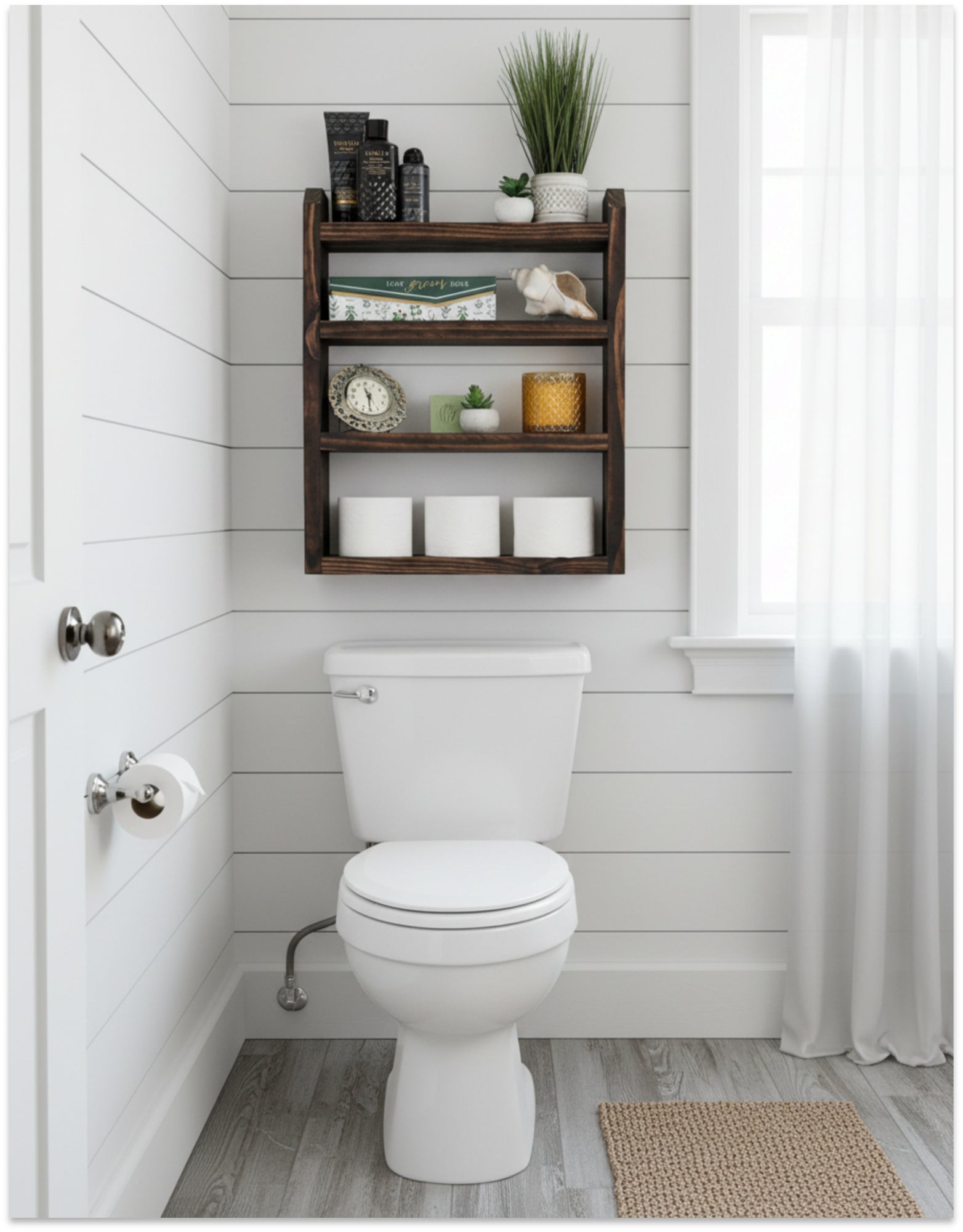 farmhouse bathroom above toilet shelves to hold toilet paper and toiletries 