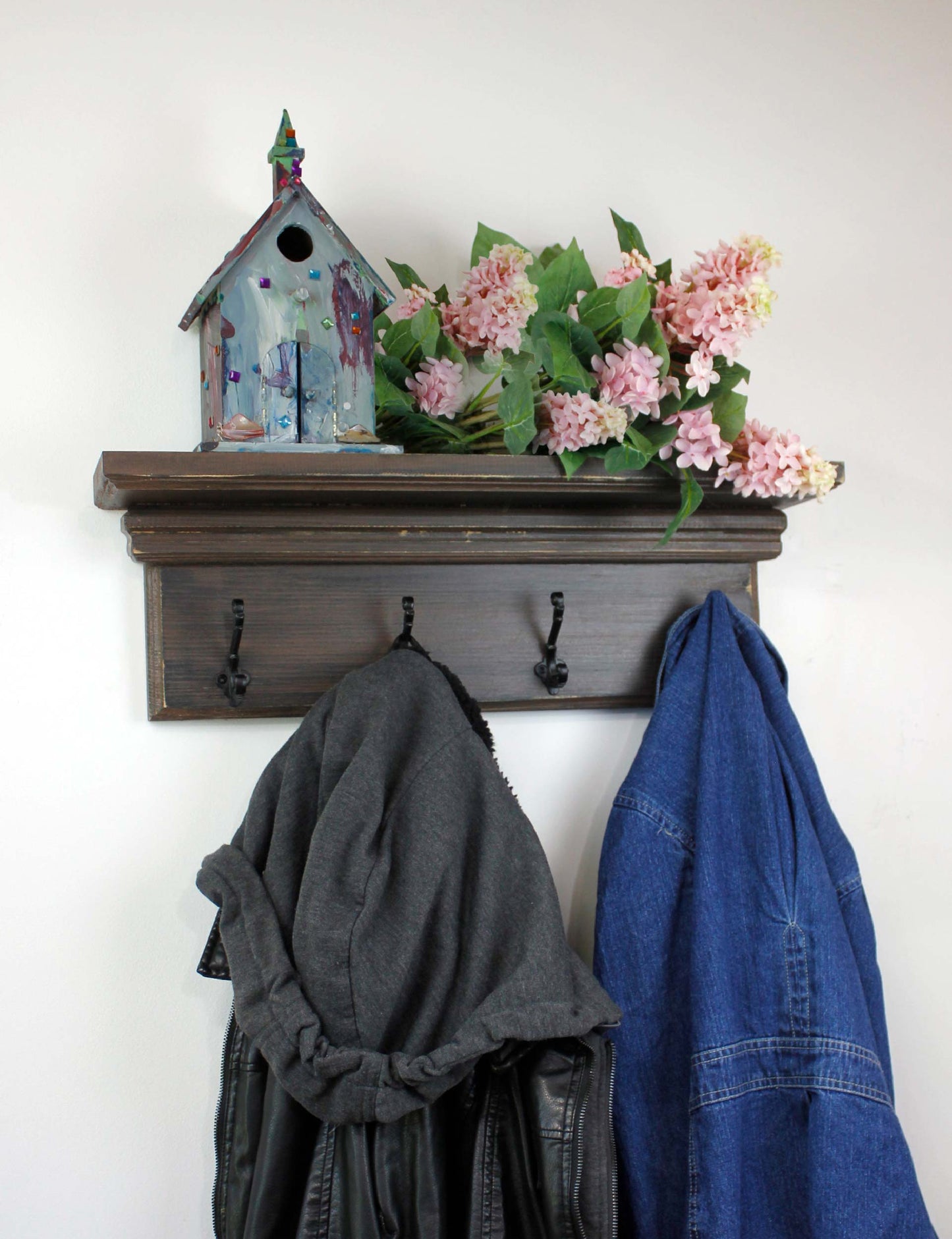 Coat Rack Hooks with Shelf Wall Mount Entryway Organizer Distressed Farmhouse Vintage Decor Hand made in USA Hand Weathered Wood Finish