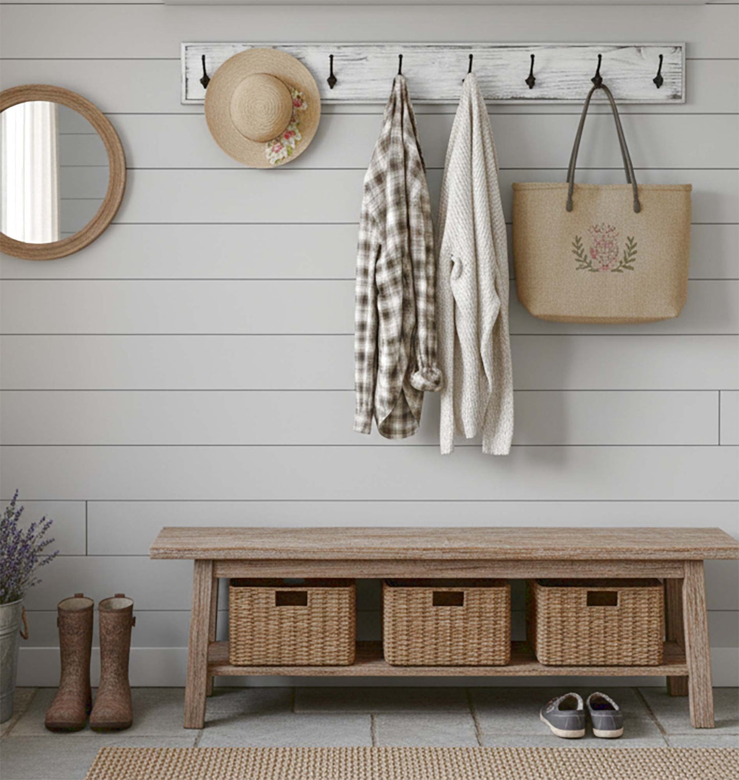 Farmhouse Coat Rack Wall Hooks Rustic Wood Entryway Organizer Mudroom Hanger with Victorian Hooks French Country Home Decor Made in USA