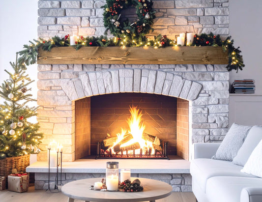 Fireplace hearthside mantel handmade wooden wall mounted mantle piece timber beam hollow box so it is lightweight attaches to the fireplace by a heavy duty sturdy wood dental insert that fits into the back of the mantel then two screws to secure it. The mantel dimensions are 5" x 10" a nice large rectangular proportion for larger surface area to add decorations, picture frames, candle sticks, family heirlooms, memorabilia, TV or holiday decor