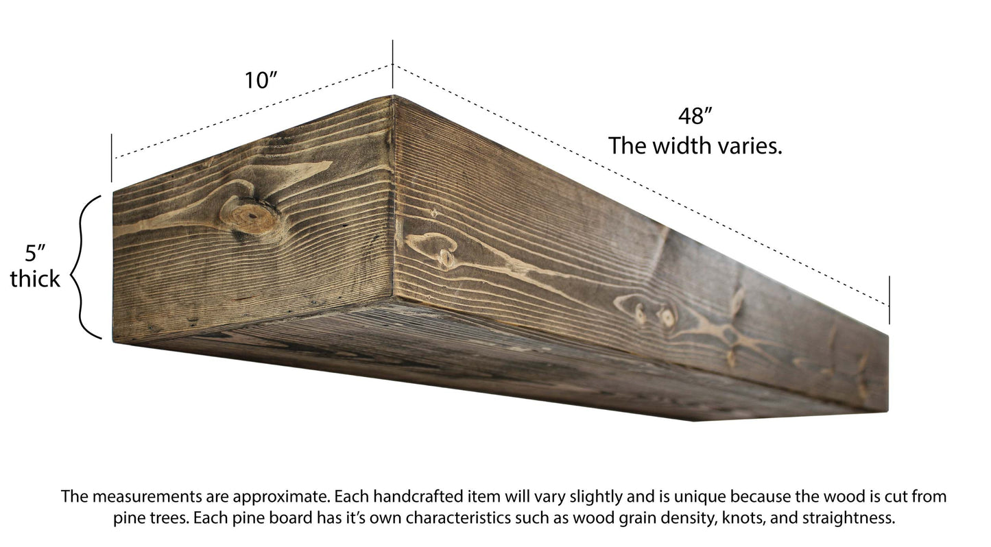Rustic Shelves Floating Wall Shelf Wooden Pine Timber Beam Farmhouse Country Kitchen 5" x 10" Sturdy Hollow Dentel Insert Handmade USA