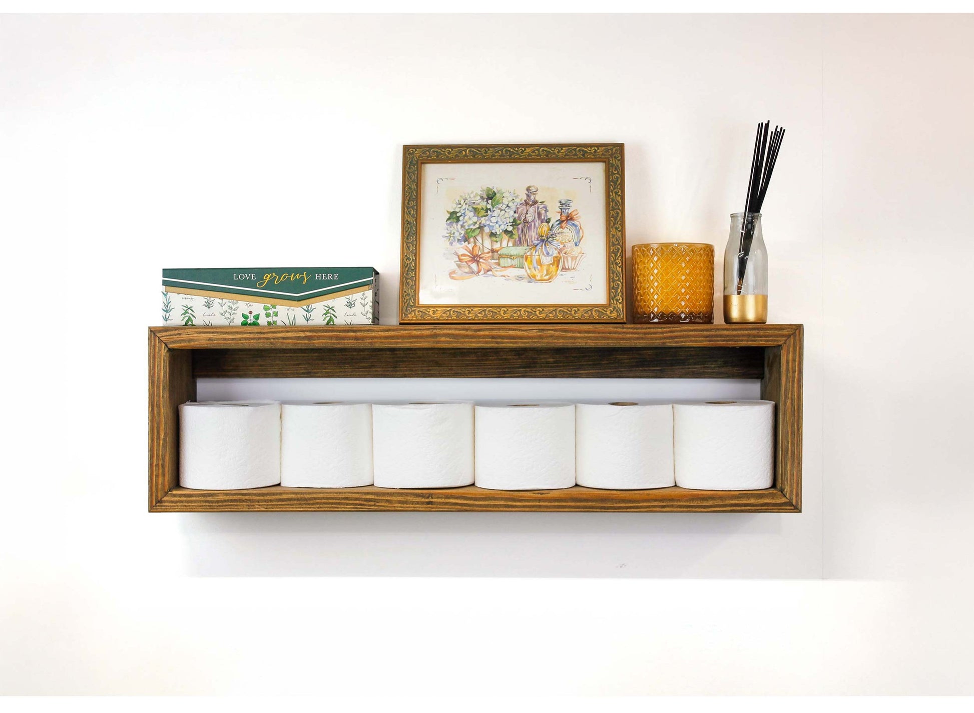 Toilet Paper Storage shelf Horizonal wall mounted hanging rectangular shelves in a mid century modern home decor style for linear flow, clean lines, natural texture, warmth, and simple minimal storage display is perfect to store toilet paper and toiletries in a bath which is especially nice when you have guest to keep things easy for them to find. | Great to display plants, collections, sports memorabilia, lego sets, or family heirlooms or souveniers