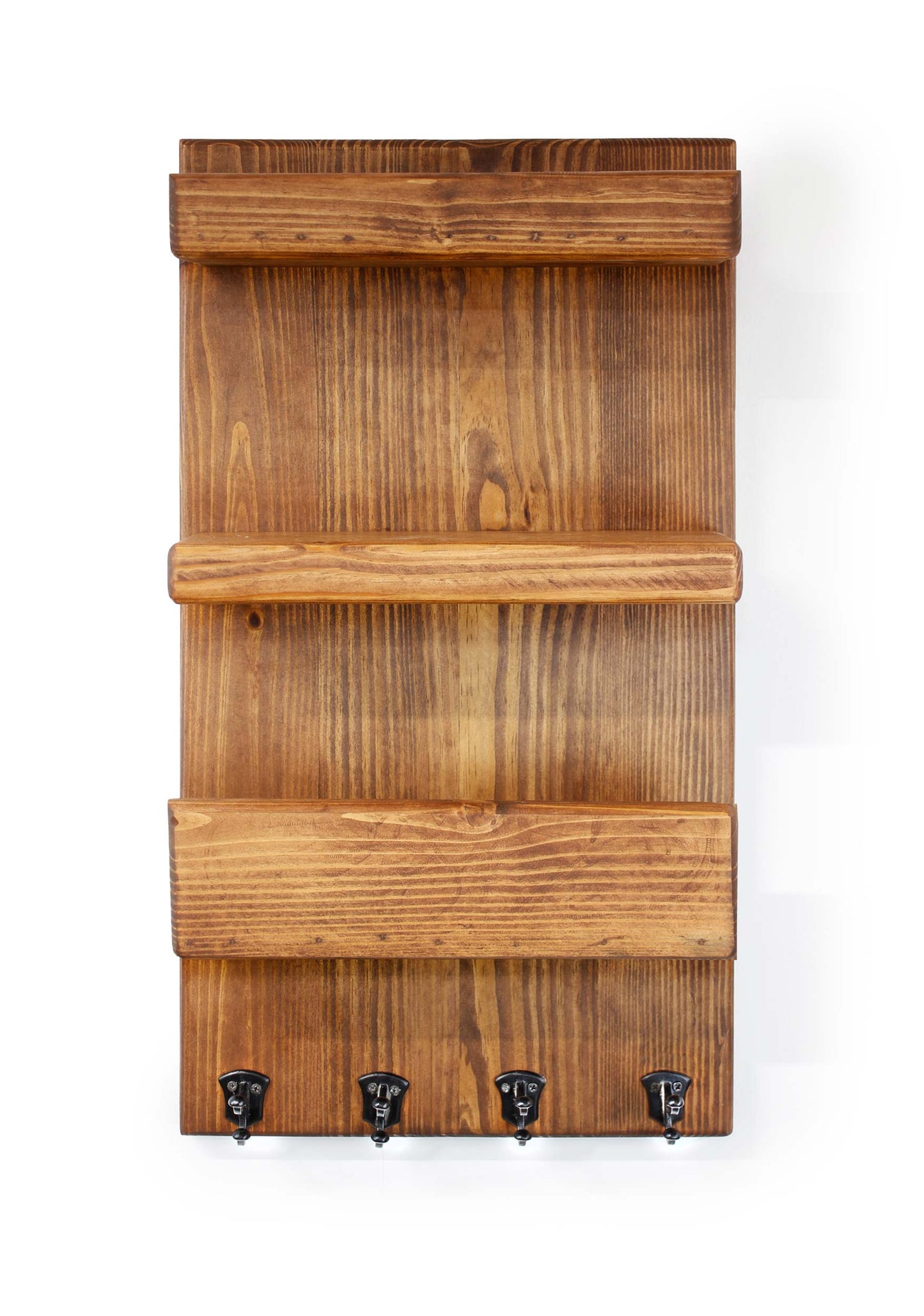 wall mounted solid pine wood handcrafted quality heavy duty front door or office organizer to hold mail and hang keys to conveniently store items | the top shelves can hold small plants, sunglasses, notes, pictures, photos, holiday decor, sports memorabilia, souveniers, or whatever you want to express your vibe to your family, friends and guest as they enter your home | a convenient space to keep necessities you need in your everyday life