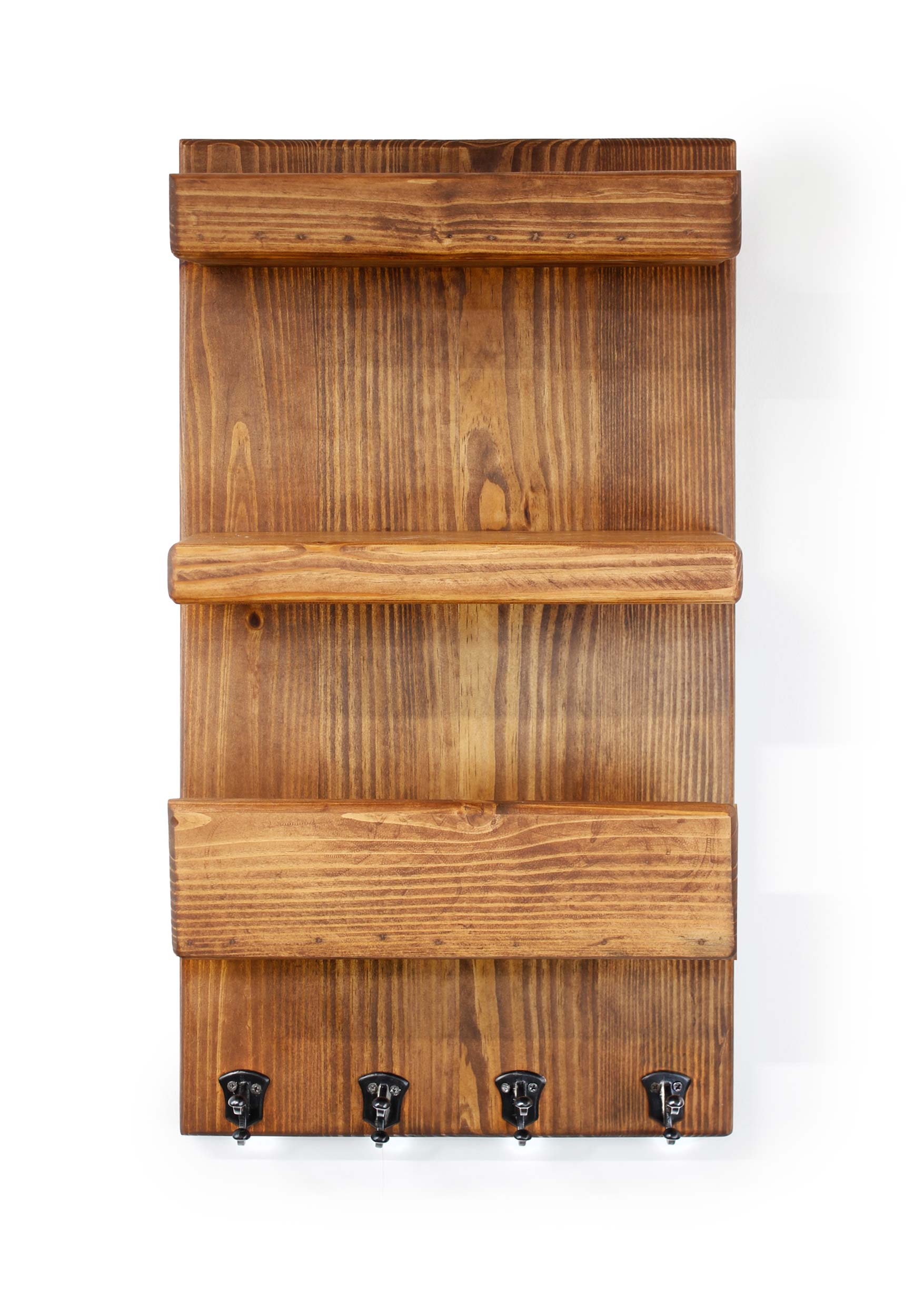 wall mounted solid pine wood handcrafted quality heavy duty front door or office organizer to hold mail and hang keys to conveniently store items | the top shelves can hold small plants, sunglasses, notes, pictures, photos, holiday decor, sports memorabilia, souveniers, or whatever you want to express your vibe to your family, friends and guest as they enter your home | a convenient space to keep necessities you need in your everyday life