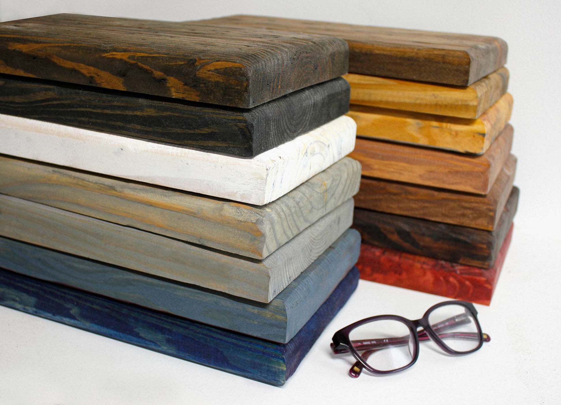 Stack of the samples solid pine wood hand weathered to look like reclaimed wood Western Decor finish for a beautiful antique aged vintage vibe perfect for a cabin, farmhouse, barn home, cottage, man cave or a ranch - be greeted with a warm finish