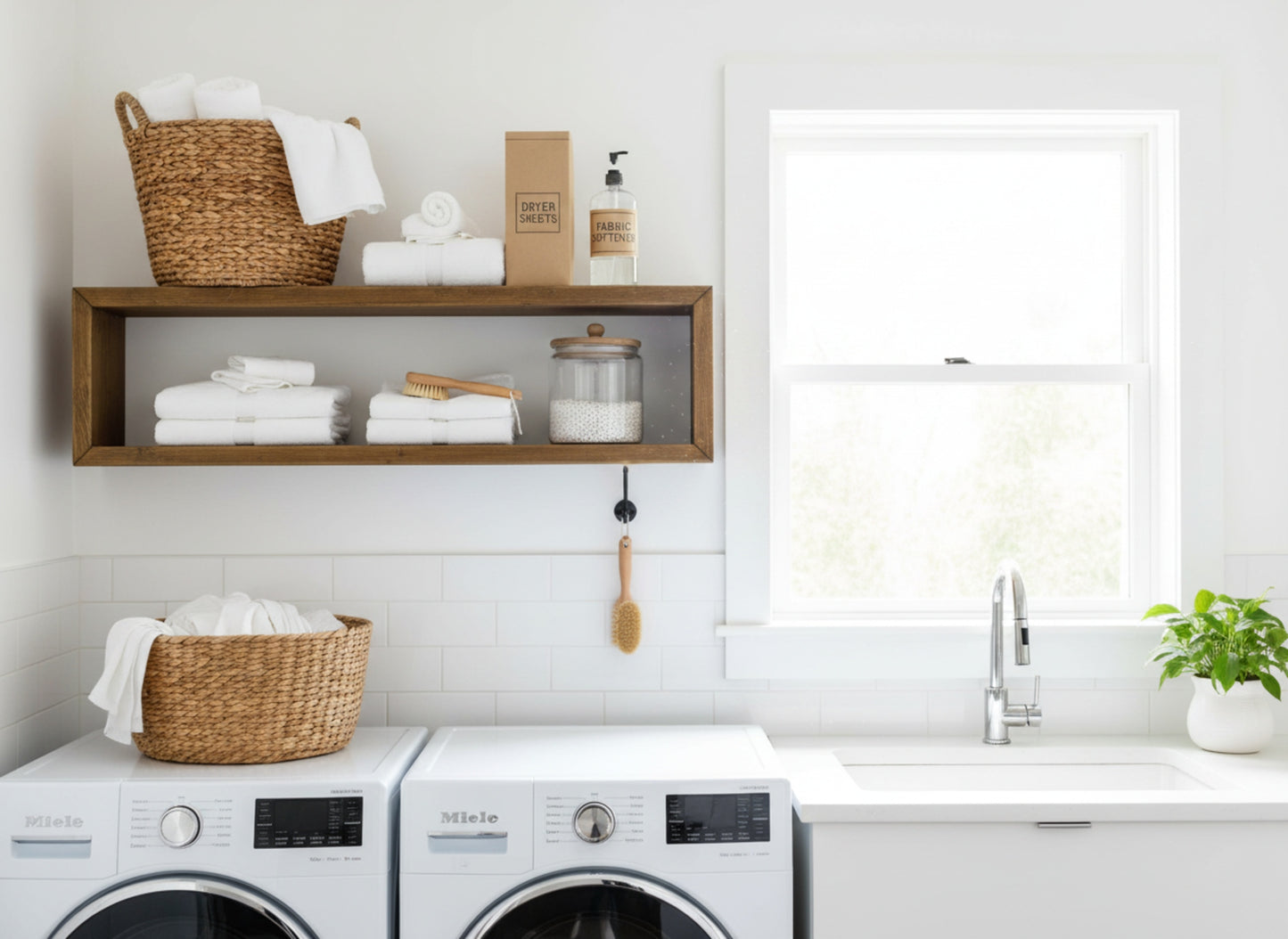 The washer and dryer area floating wall shelf laundry room cabinet to hold clean folded towels, clothes washing supplies, and laundry detergent. An attractive hand made solid wood pine rectangular shelves keep washing supplies neat and organized on the wall.