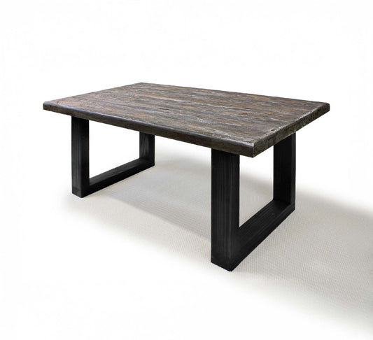 Rectangular wooden table with black legs on a white background