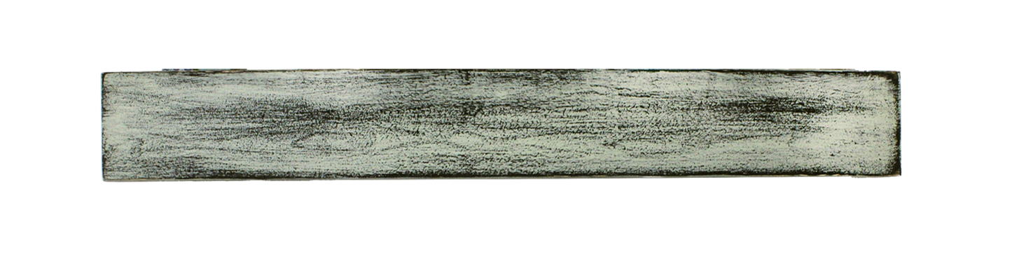 A rectangular, distressed-look wooden shelf in shades of pale green and dark gray. The shelf has a boxy shape and a weathered appearance, with visible wood grain texture. The edges are slightly darker, adding depth to the design.