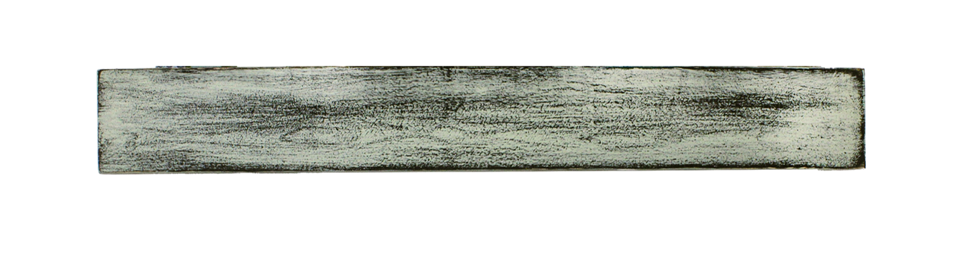 A rectangular, distressed-look wooden shelf in shades of pale green and dark gray. The shelf has a boxy shape and a weathered appearance, with visible wood grain texture. The edges are slightly darker, adding depth to the design.