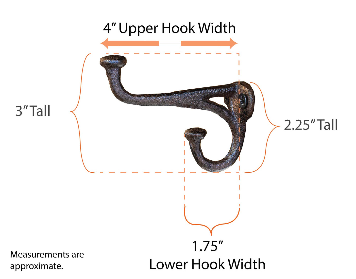 A rustic cast iron wall hooks with 2 screw holes to secure on a wall or back board for a DIY coat rack. The hanger has two curvature hooks with the smaller hook on the bottom which is perfect for straps, leashes, and handles. The upper hook is longer approximately 4" wide and is perfect for hats, winter coats, and bulky items. The color is dark gray with a grainy texture from the cast iron sand mold used in the manufacturing process. The nailhead hook knobs for an antique farmhouse vibe.