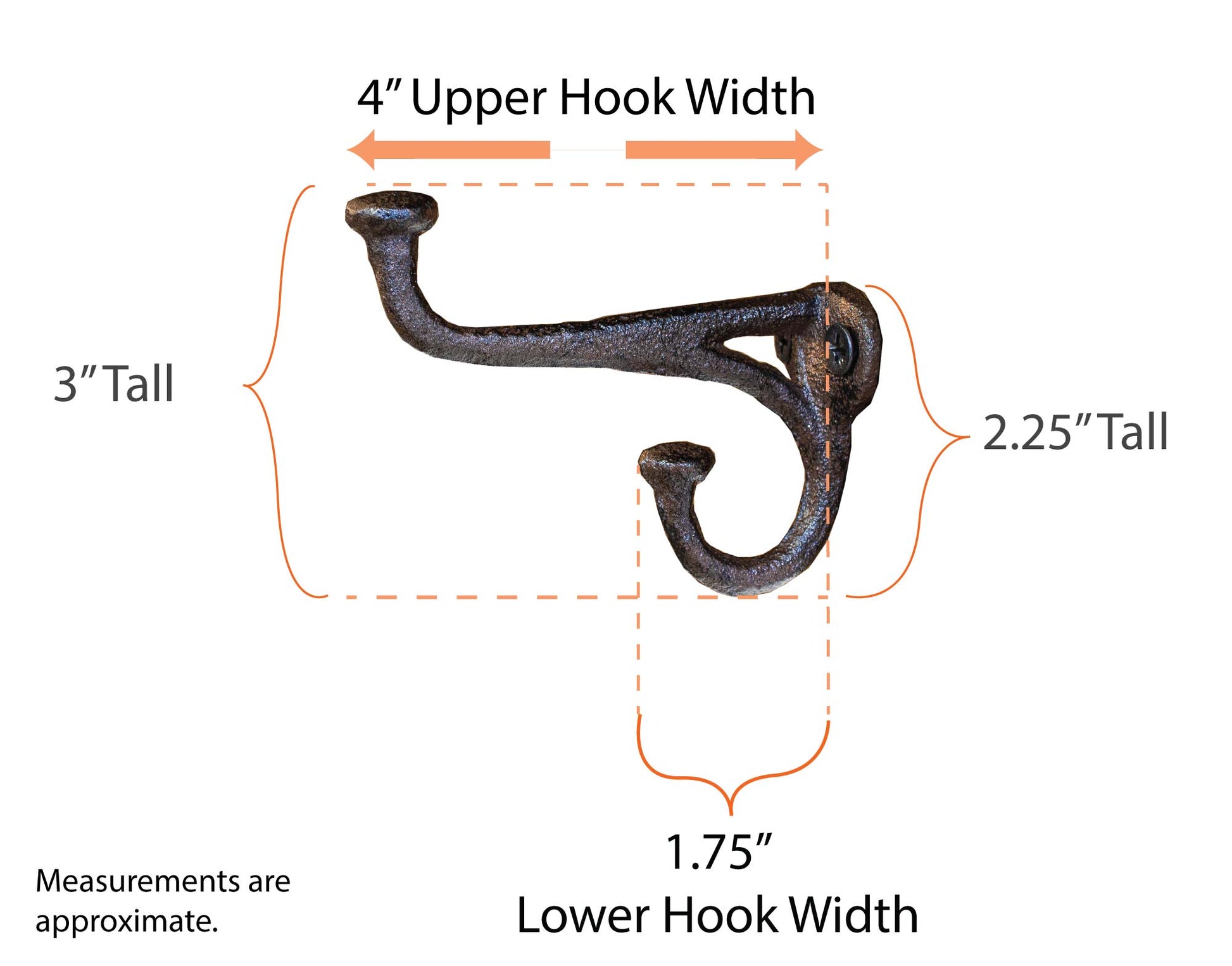 A rustic cast iron wall hooks with 2 screw holes to secure on a wall or back board for a DIY coat rack. The hanger has two curvature hooks with the smaller hook on the bottom which is perfect for straps, leashes, and handles. The upper hook is longer approximately 4" wide and is perfect for hats, winter coats, and bulky items. The color is dark gray with a grainy texture from the cast iron sand mold used in the manufacturing process. The nailhead hook knobs for an antique farmhouse vibe.