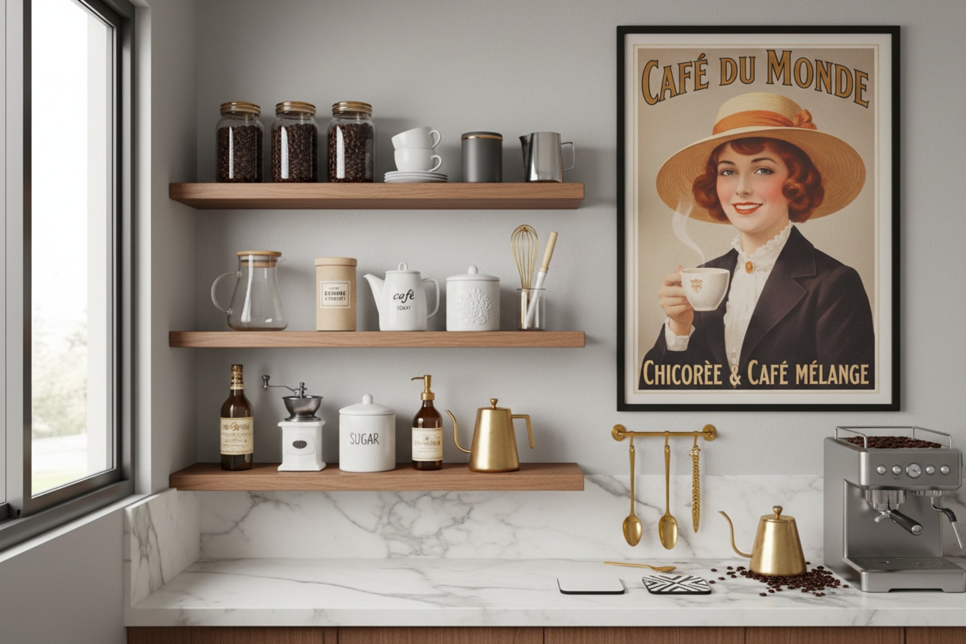 french coffee bar with medium brown timber beam shelves and a french cafe early 1900s poster of a lady drinking a cup of coffee with cafe du monde written on it