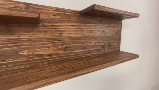 made in USA solid pine wood hand weathered reclaimed wood finish wall mounted floating rustic shelves for displaying sports collections, plants, candles, games, antiques, and flower pots making the display shelf for a ranch, cabin, or farmhouse in a home or office adds a Western decor vibe aged wood finish in your choice of colors - barn red, red mahogany, dark walnut, early American, English chestnut, cherry, weathered oak, classic gray, whitewash, gray, navy, ebony, Ipswich pine & gold oak
