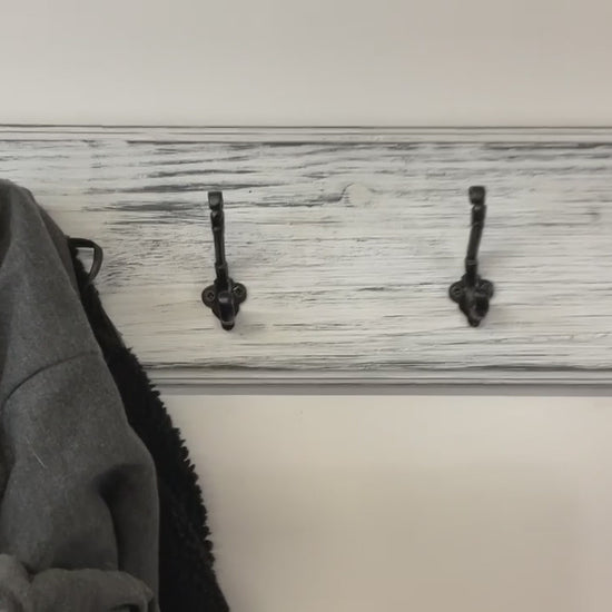 farmhouse decor wall mount wood coat rack distressed white paint over black with black victorian style hooks 