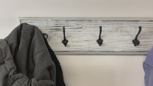 farmhouse decor wall mount wood coat rack distressed white paint over black with black victorian style hooks 