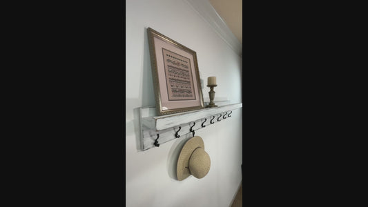 Rustic Wood Coat Rack with Shelf Farmhouse Entryway Organizer Hooks with Picture Ledge Wall Mounted Shabby Chic Hanging Storage Made in USA
