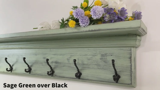 Coat Rack Hooks with Shelf Wall Mount Entryway Organizer Distressed Farmhouse Vintage Decor Hand made in USA Hand Weathered Wood Finish