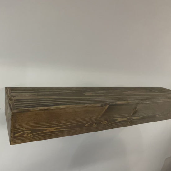 modern farmhouse heavy duty thick timber beam shelves for kitchen, dining room, living room, entertainment center, laundry room, craftroom, or even a man cave. The large wooden shelves are not heavy because they are hallow inside instead of being a solid slab piece of wood it is a box built to look look like a timber beam for that old world timbers interior design