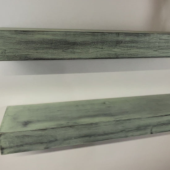perfect for a rustic retro 1940s kitchen shelves distressed paint in green over black on thick beam size shelves, the paint has a rustic worn vibe for an authentic aged used look is perfect for a farmhouse kitchen or laundry room