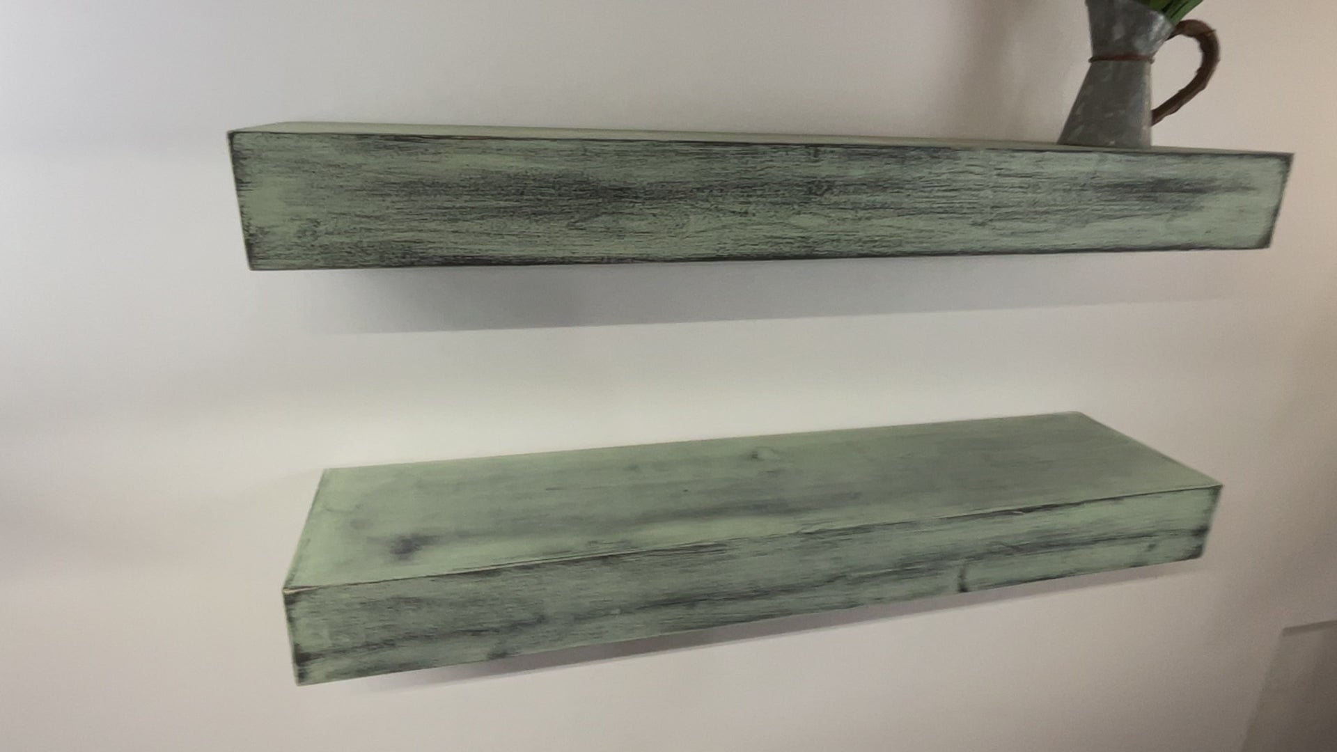 perfect for a rustic retro 1940s kitchen shelves distressed paint in green over black on thick beam size shelves, the paint has a rustic worn vibe for an authentic aged used look is perfect for a farmhouse kitchen or laundry room