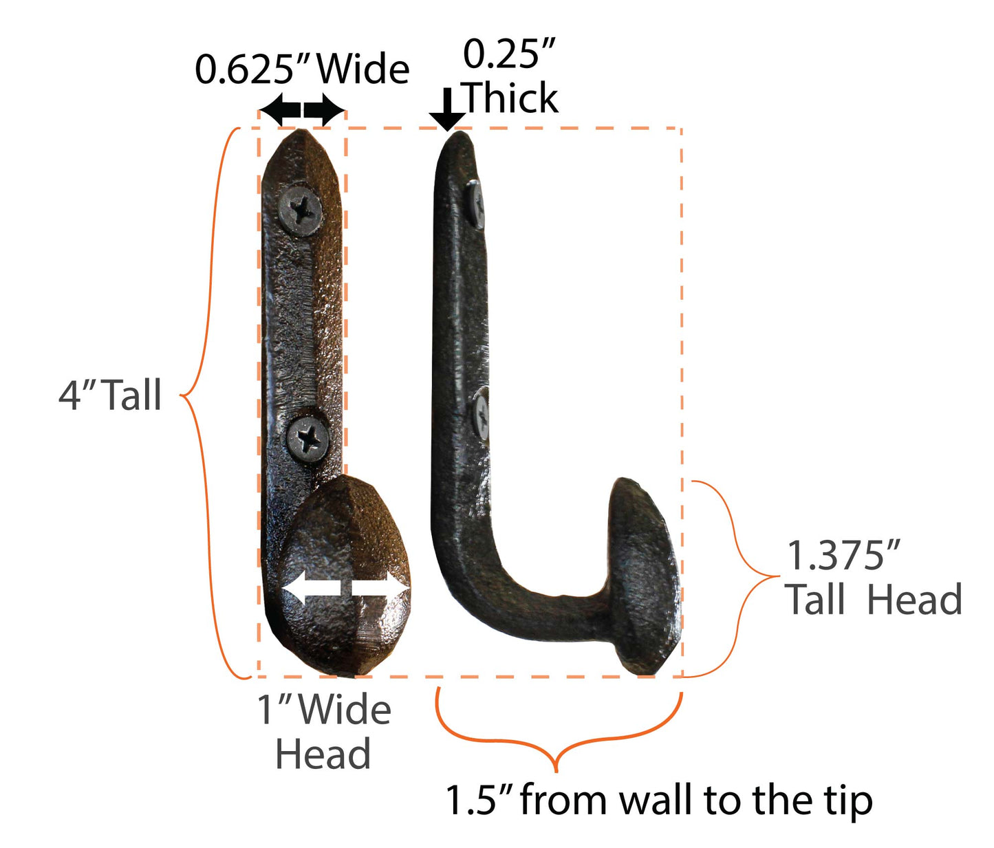 Diagram of the railroad spike hook wall hanger measurements so you can know approximately the size. It is difficult to calculate the scale from a photograph. This is especially important in tight spaces where you need a hook to hang a jacket or a towel. Each has 2 holes to screw it securely to the wall or onto a wooden rack as a DIY project.