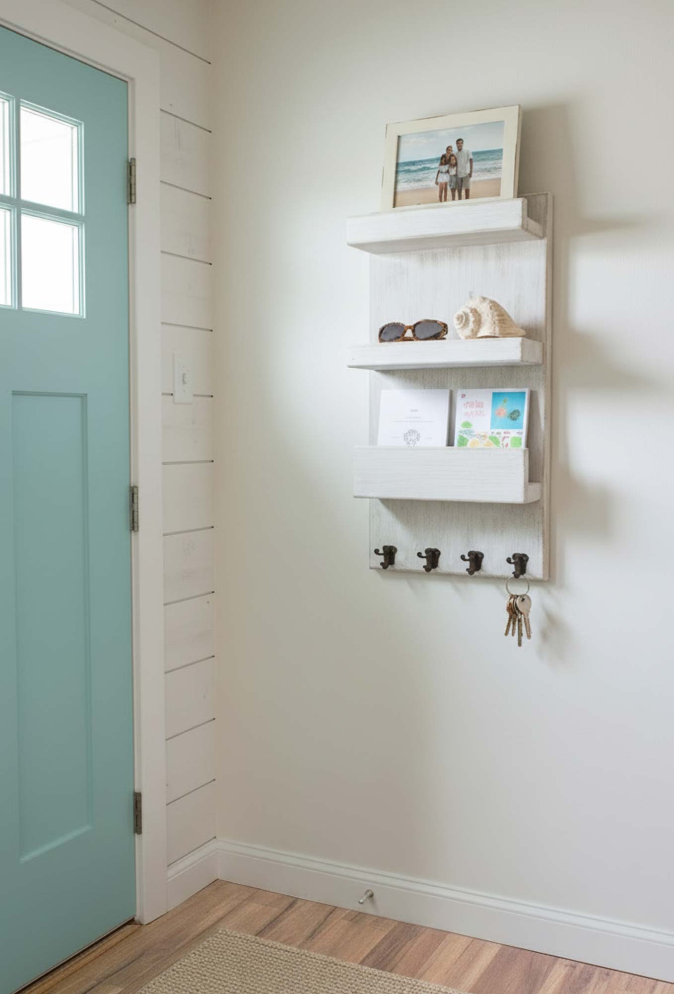 beach cottage front door entry mail holder with key hooks is a great place to keep your keys and sunglasses so you can find them as you go out the door