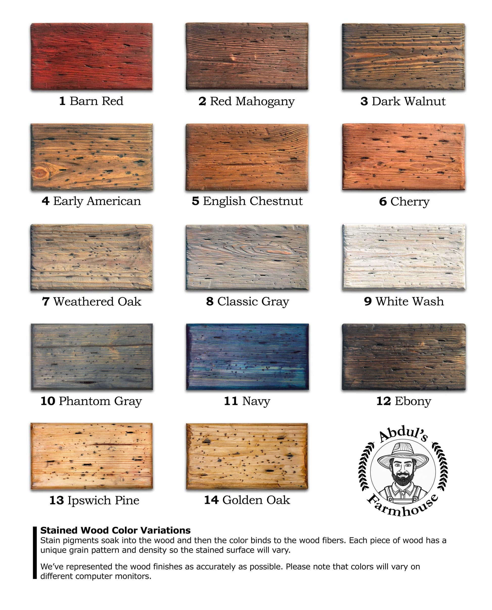14 colors to choose from including barn red, red mahogany, dark walnut, early American, English chestnut, cherry, weathered oak, classic gray, white wash, phantom gray, navy, ebony, ipswish pine and golden oak finishes check against your cabinets