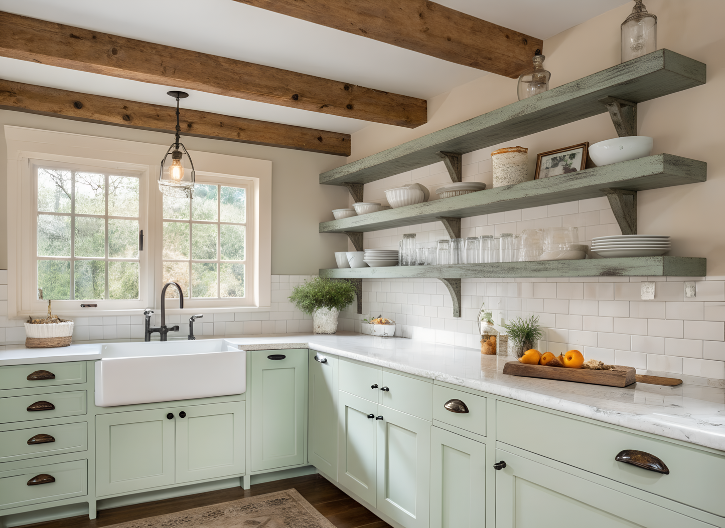 a beautiful vintage 1940s - 1950s kitchen with the thick timber beam look and distressed shabby chic paint  that complements the soft green cabinets