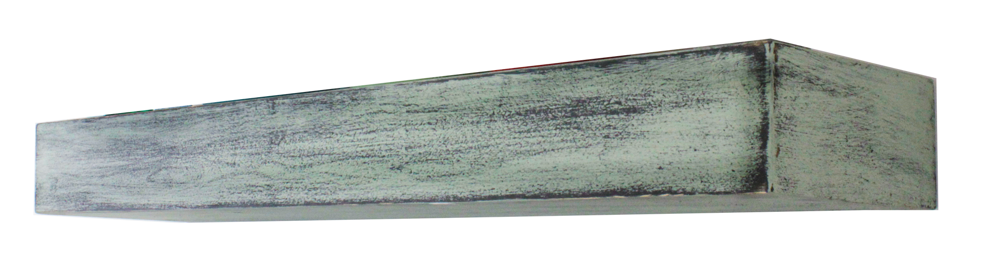 Rectangular wooden shelf with a weathered finish on a white background