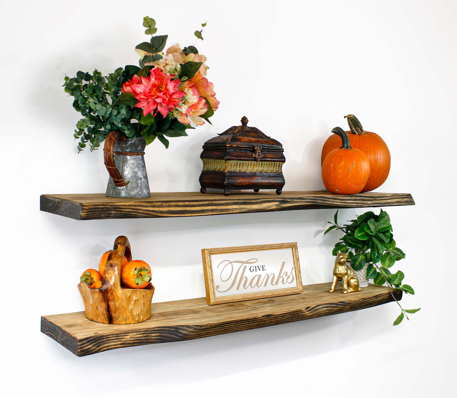 Wall Shelf Rustic Farmhouse Wood Shelves Hand Carved Live Edge give thanks home decor on a live edge shelves holiday decor for thanksgiving, easter, or christmas - hang in the kitchen to hold dishes and fine china sets to beautifully display them for french country farmhouse decor in a cottage, ranch, barnhouse, or rustic home or office - handcrafted in USA with a curvy organic edge that shows the tree's woodgrain which complements holiday decor, family heirlooms, framed photos and artwork