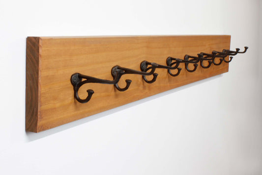 modern farmhouse coat rack with nailhead blacksmith inspired early american hooks on a stain solid wood backboard